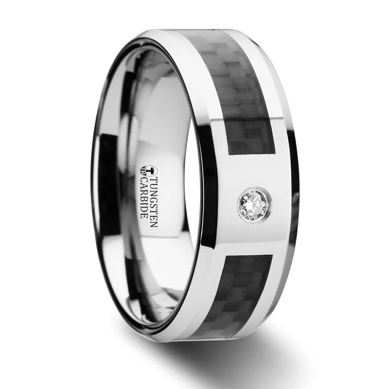 Save On Luxury Jewelry Pieces – Limited-Time Offers Thorsten Cayman Tungsten Carbide Ring w/ Black Carbon Fiber & White Diamond Setting w/ Bevels (8mm) W2958-TBCD