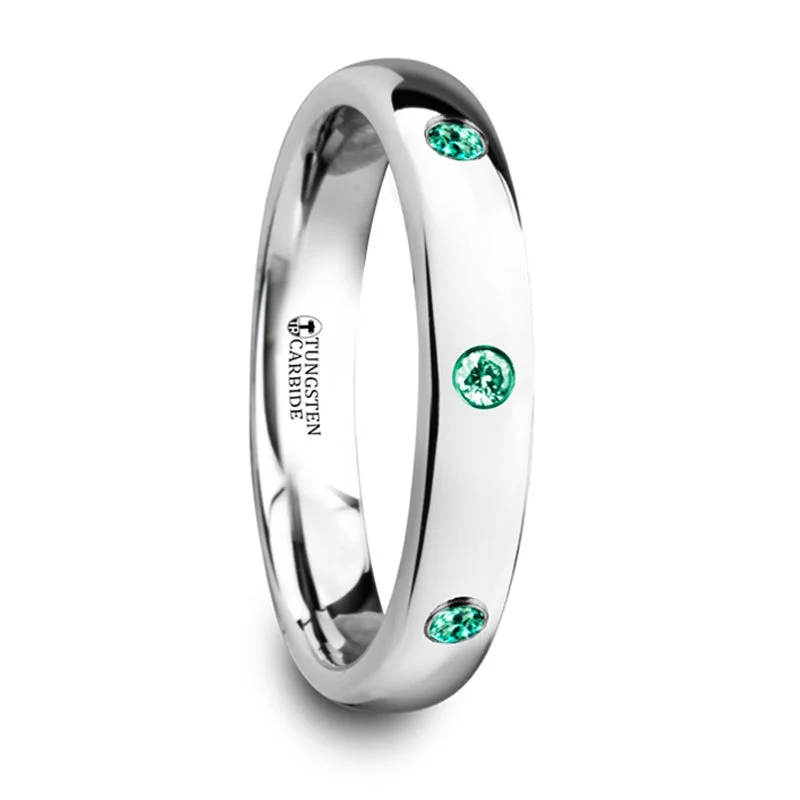 Best Jewelry Deals – Shop Premium Pieces At Great Prices Thorsten Chloe Polished & Domed Tungsten Carbide Wedding Ring w/ 3 Green Emeralds (4mm) W4280-DPGE