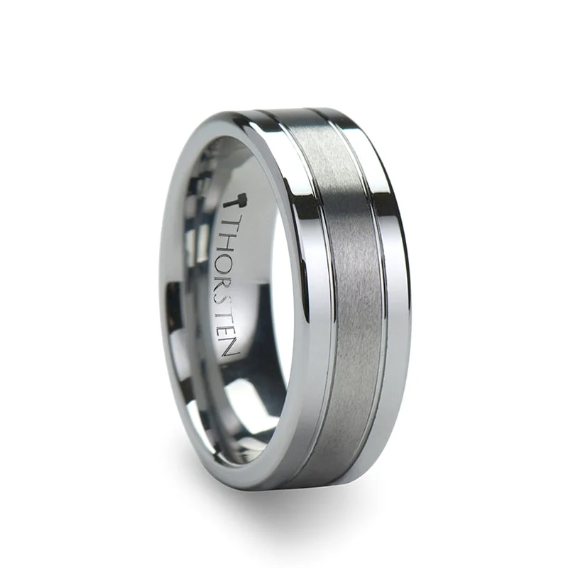 High-End Jewelry, Now More Affordable Than Ever Thorsten Chronos Flat with Grooves Polished Edges and Brush Center Tungsten Carbide Ring  (6-8mm) W343-FGBC