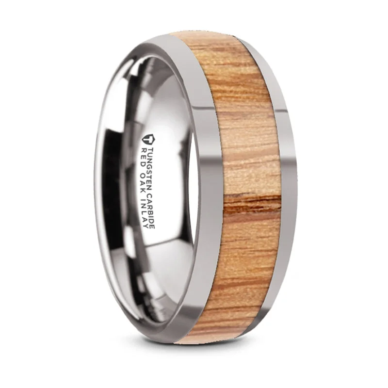 Elegant Jewelry, Affordable Luxury – Shop Now Thorsten Cinder Polished Edges Domed Tungsten Wedding Band w/ Red Oak Wood Inlay (8mm) W5976-TCRO