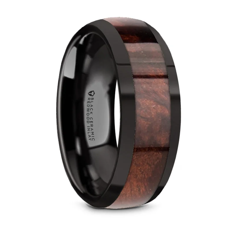 The Biggest Jewelry Sale Of The Year Is Here Thorsten Claret Black Ceramic Polished Edges Domed Wedding Band w/ Redwood Inlay (8mm) W5972-BCRW